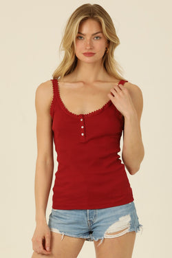 LACE TRIM HENLEY TANK TOP - RIO RED