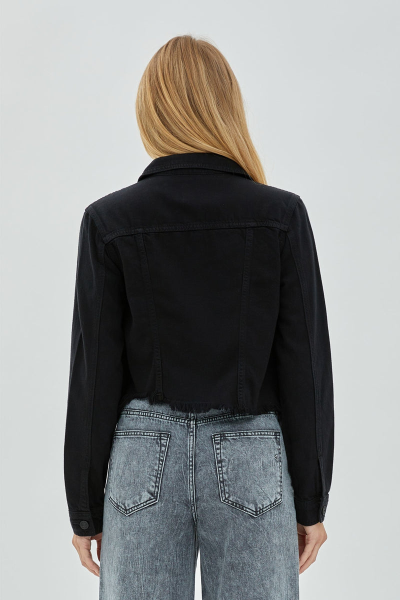 CROPPED FITTED FRAY HEM JACKET - BLACK