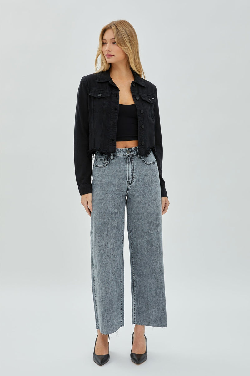 CROPPED FITTED FRAY HEM JACKET - BLACK