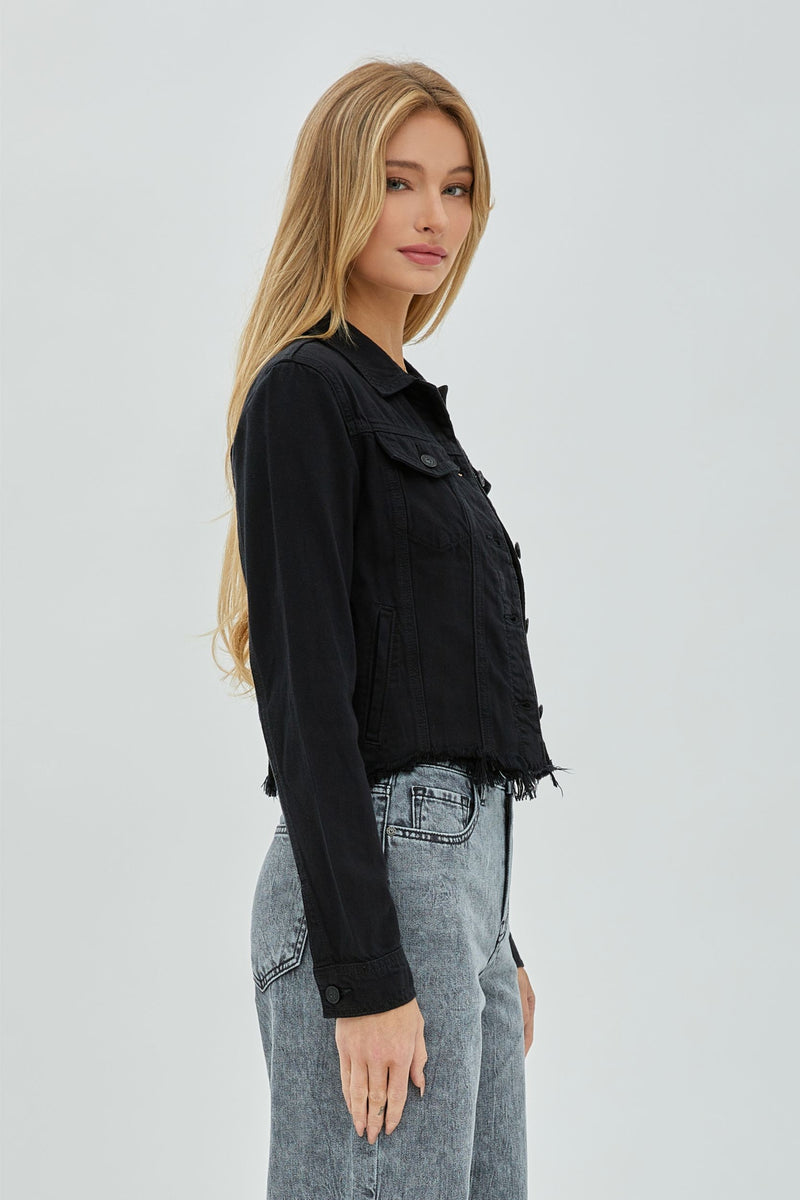 CROPPED FITTED FRAY HEM JACKET - BLACK