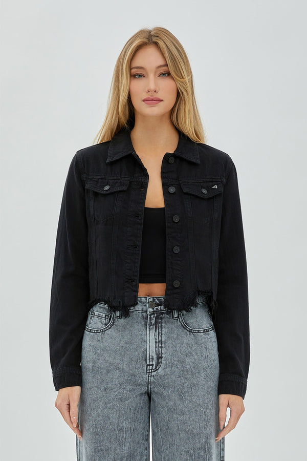 CROPPED FITTED FRAY HEM JACKET - BLACK