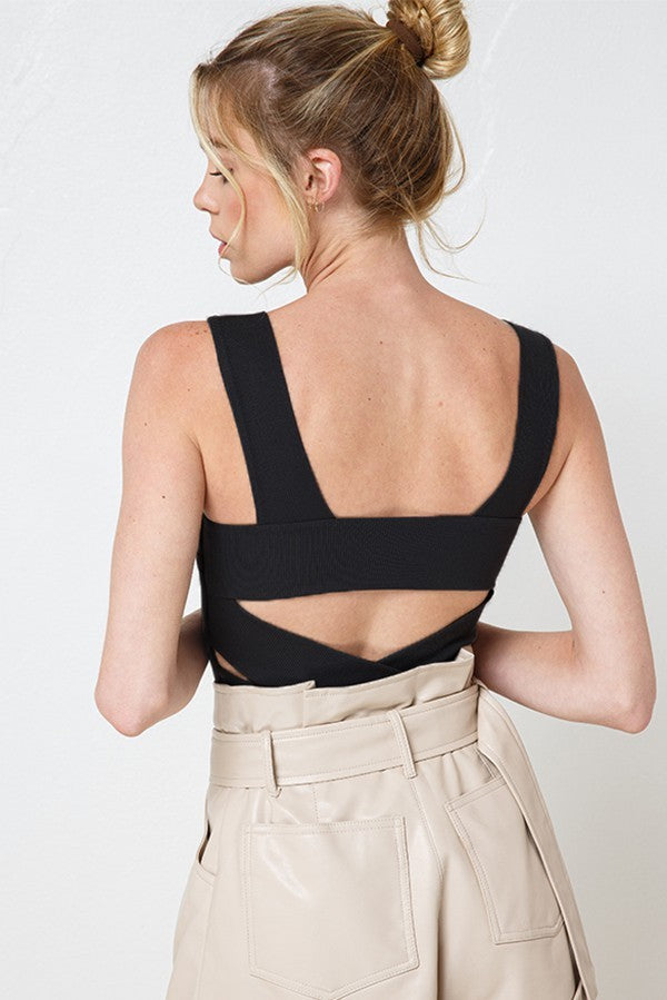 RIBBED SQUARE NECK TOP - BLACK