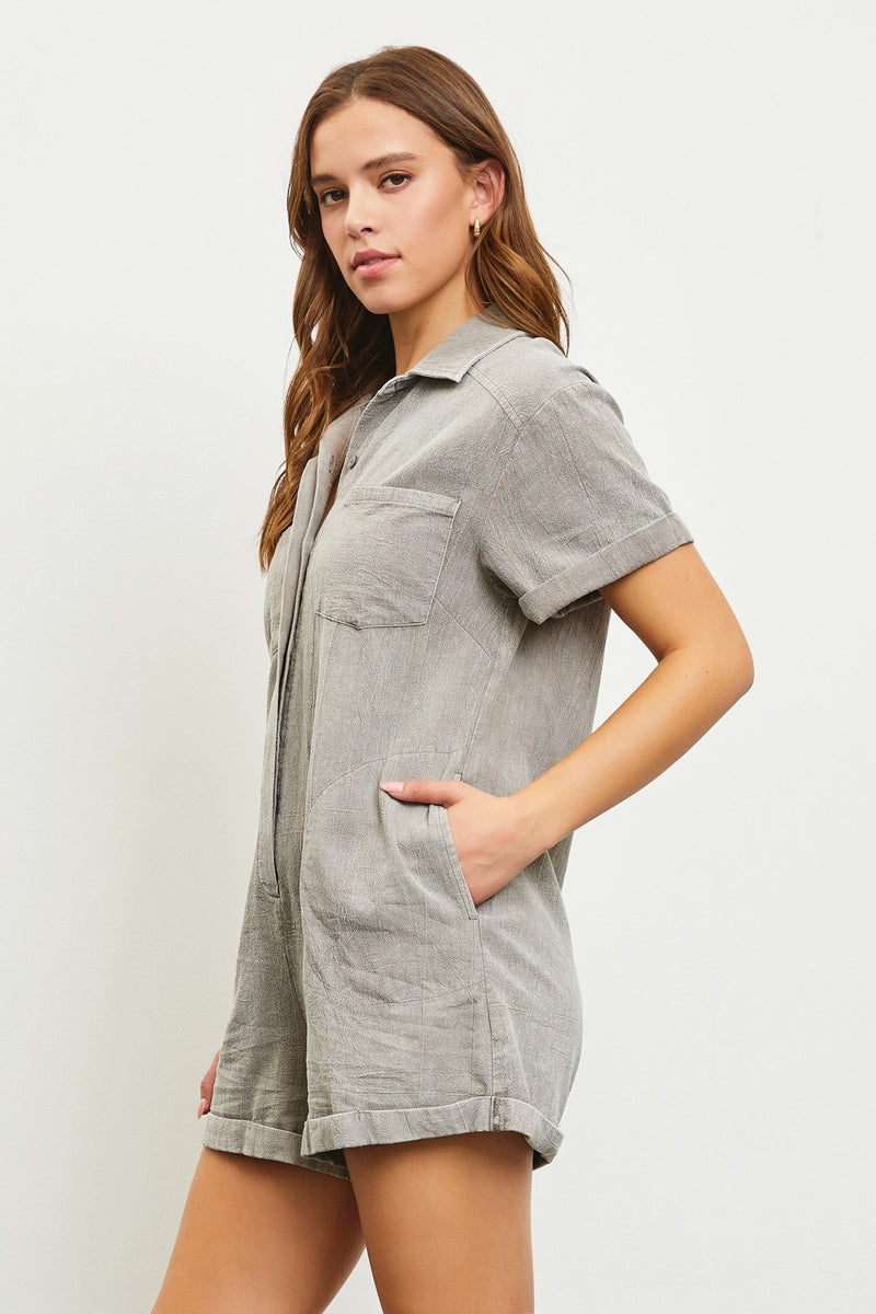 BUTTON FRONT SHORT SLEEVE ROMPER - GREY