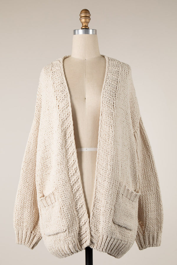 CHUNKY CHENILLE KNIT CARDIGAN - BEIGE