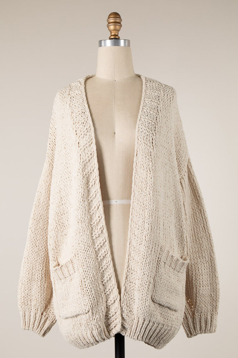 CHUNKY CHENILLE KNIT CARDIGAN - BEIGE