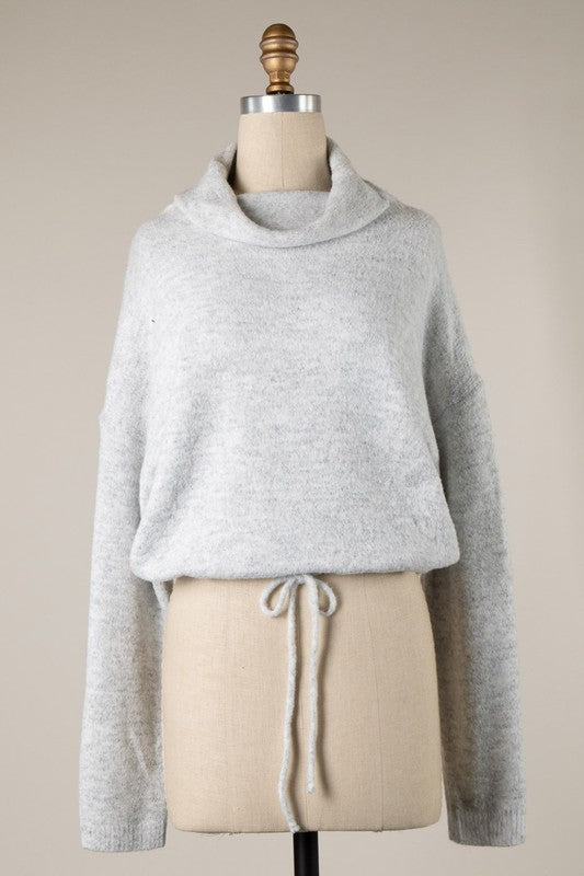 DRAWSTRING WAIST TURTLENECK SWEATER - GREY
