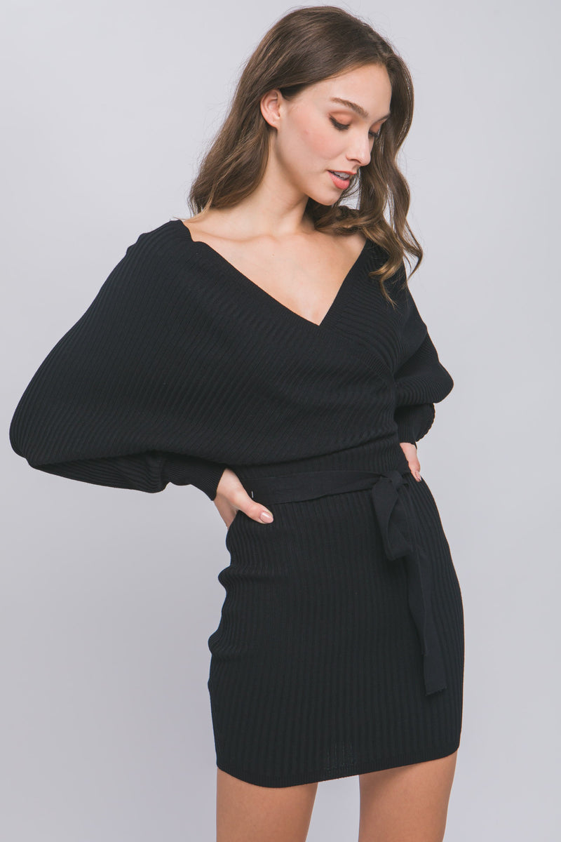 OFF SHOULDER WRAP SWEATER DRESS - BLACK