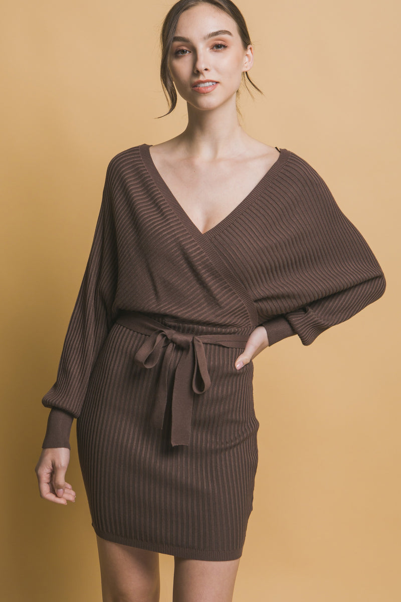 OFF SHOULDER WRAP SWEATER DRESS - COCO BROWN