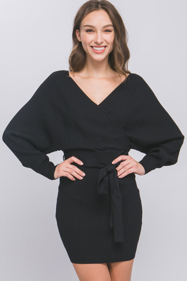 OFF SHOULDER WRAP SWEATER DRESS - BLACK