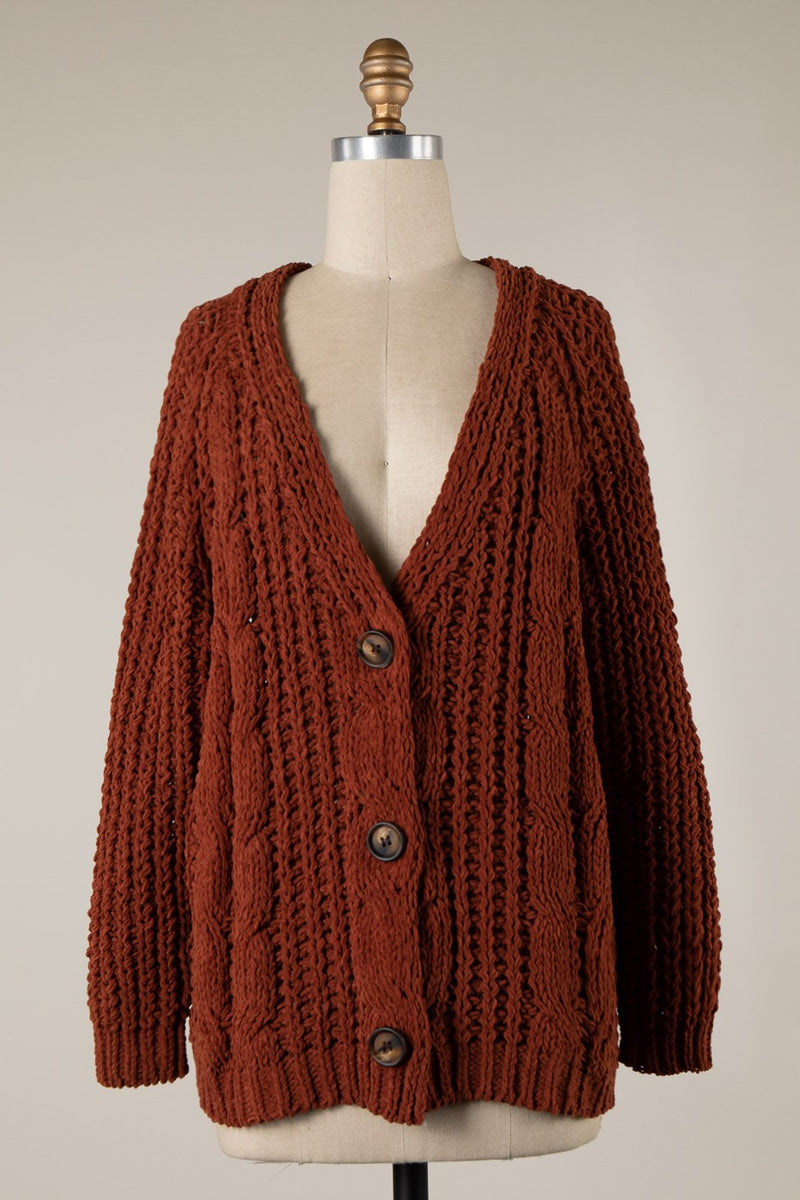 CHENILLE CABLE KNIT CARDIGAN - SEDONA