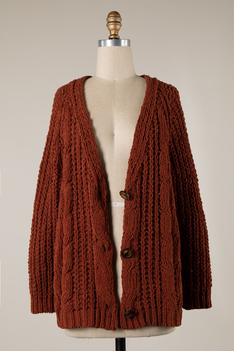 CHENILLE CABLE KNIT CARDIGAN - SEDONA