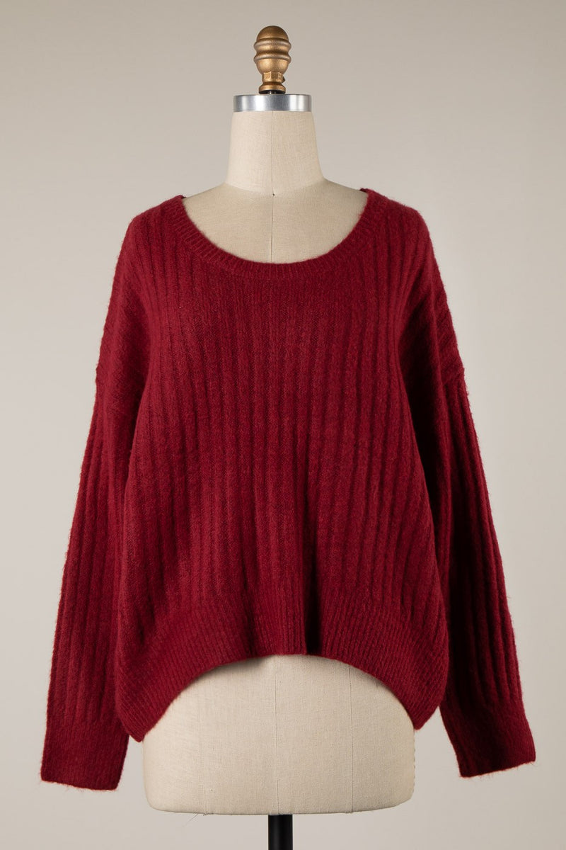 SOFT RIBBED KNIT SWEATER - DARK RED