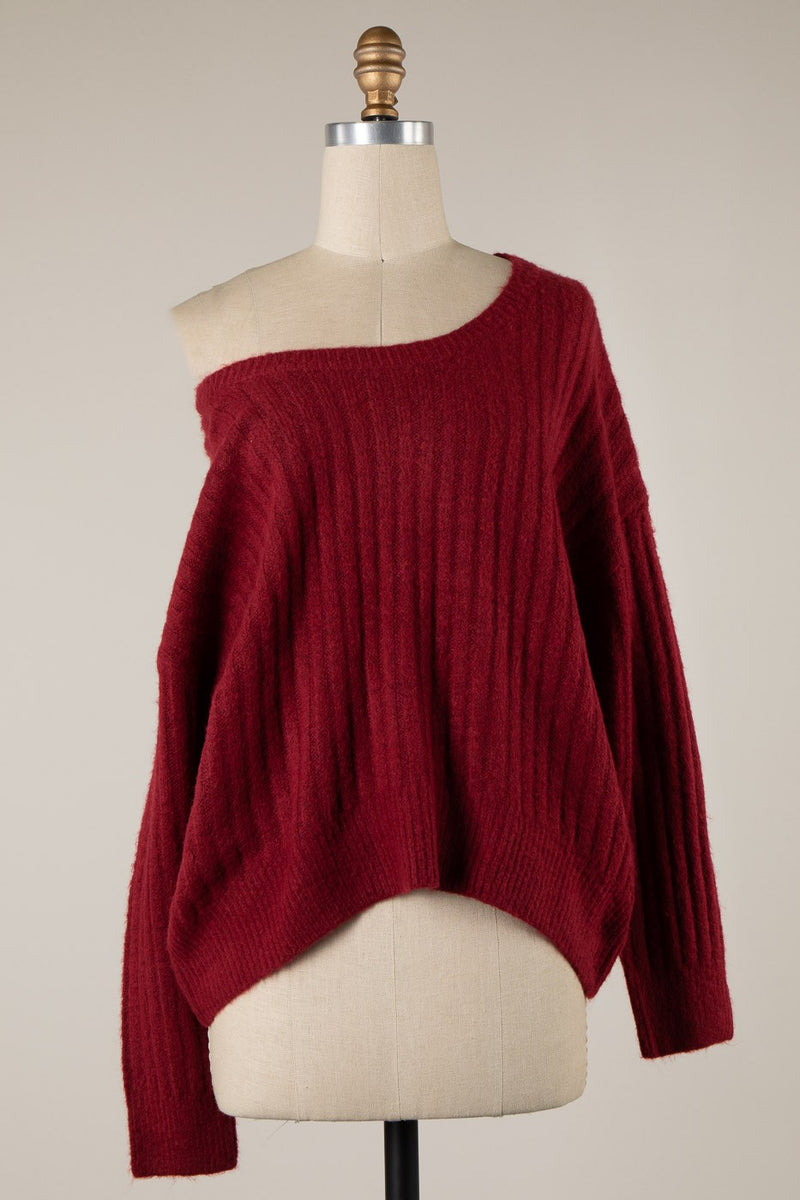 SOFT RIBBED KNIT SWEATER - DARK RED