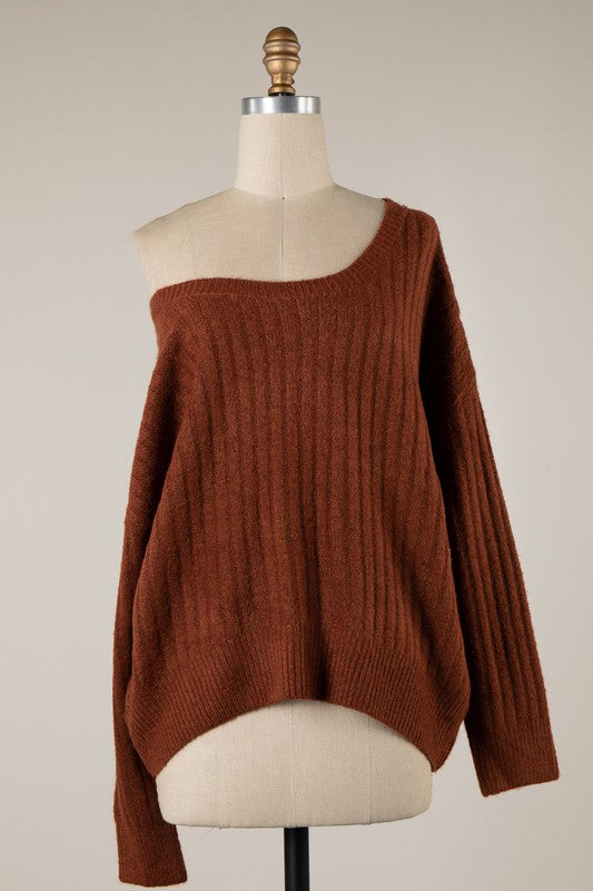 SOFT RIBBED KNIT SWEATER - RED BEAN
