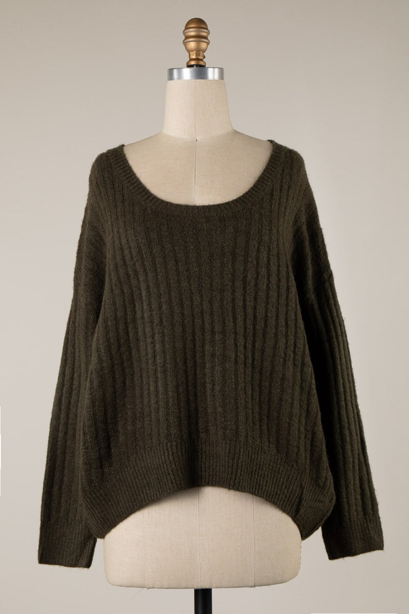 SOFT RIBBED KNIT SWEATER - OLIVE