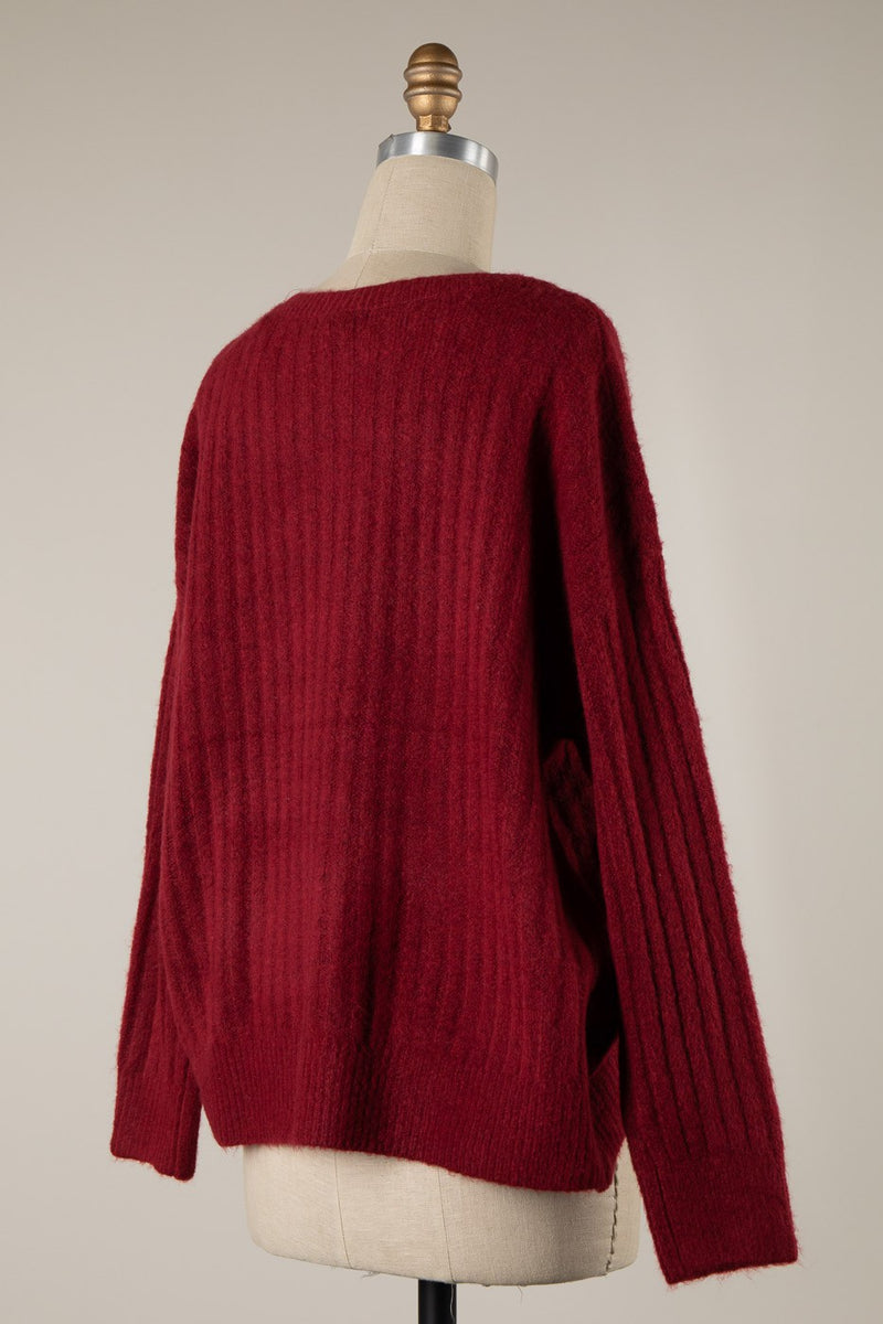 SOFT RIBBED KNIT SWEATER - DARK RED