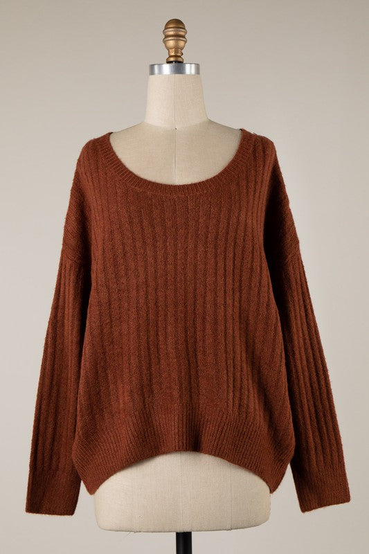 SOFT RIBBED KNIT SWEATER - RED BEAN