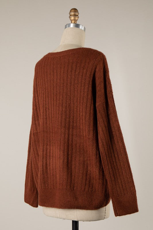 SOFT RIBBED KNIT SWEATER - RED BEAN