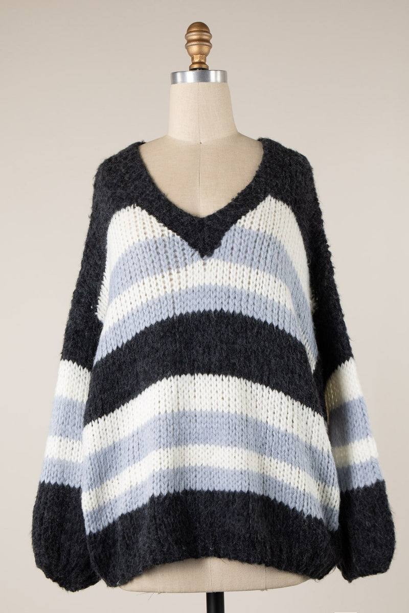 STRIPED V-NECK SWEATER - CHARCOAL/BLUE