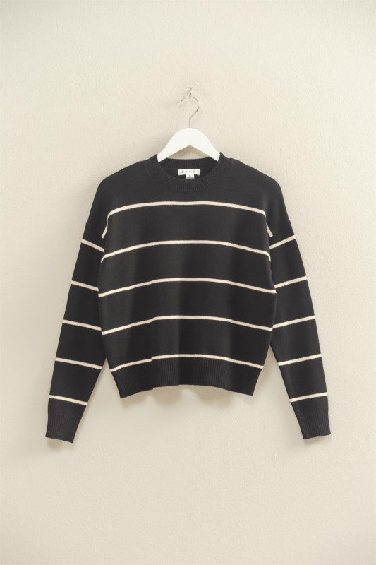CREW NECK STRIPED SWEATER - BLACK