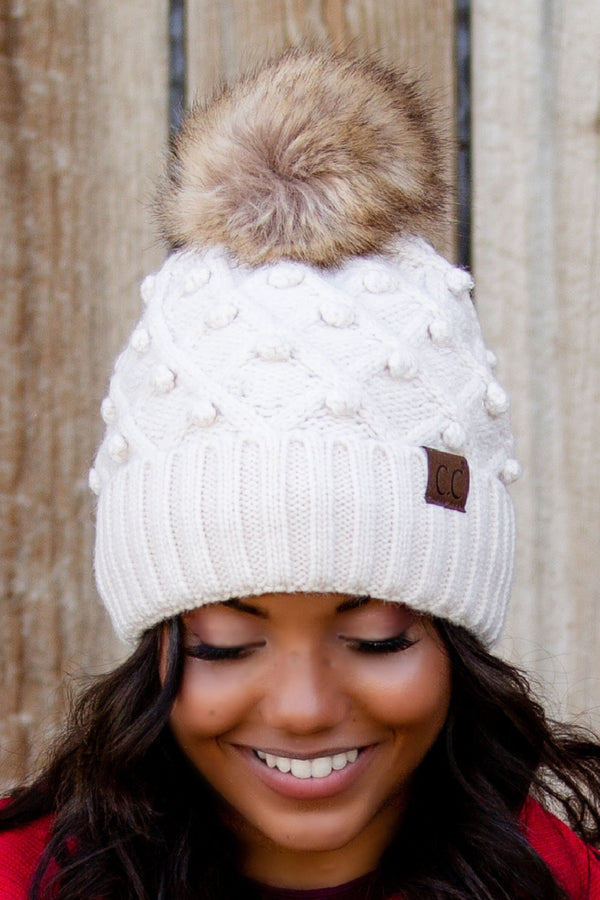 CRAFTED POM DETAIL BEANIE - IVORY