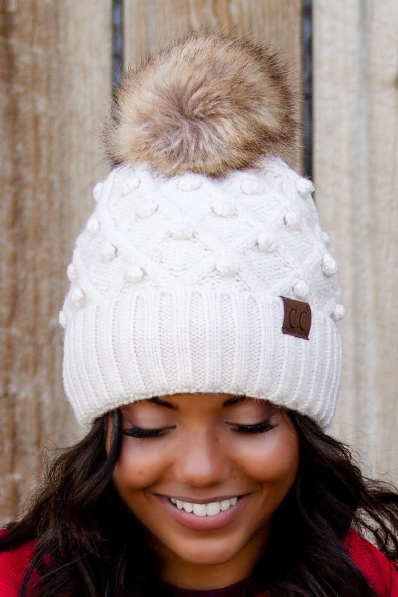 CRAFTED POM DETAIL BEANIE - IVORY