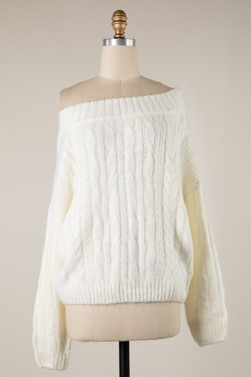 BOAT NECK CABLE KNIT SWEATER  - IVORY