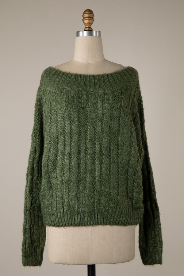 BOAT NECK CABLE KNIT SWEATER  - MOSS