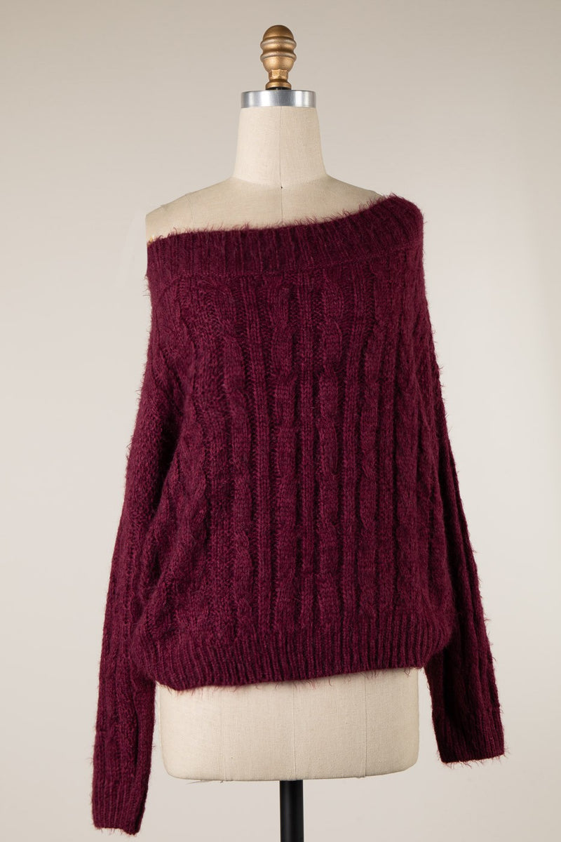 BOAT NECK CABLE KNIT SWEATER  - PLUM