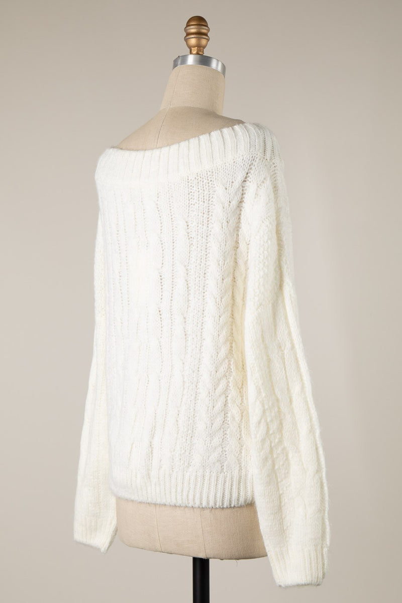 BOAT NECK CABLE KNIT SWEATER  - IVORY