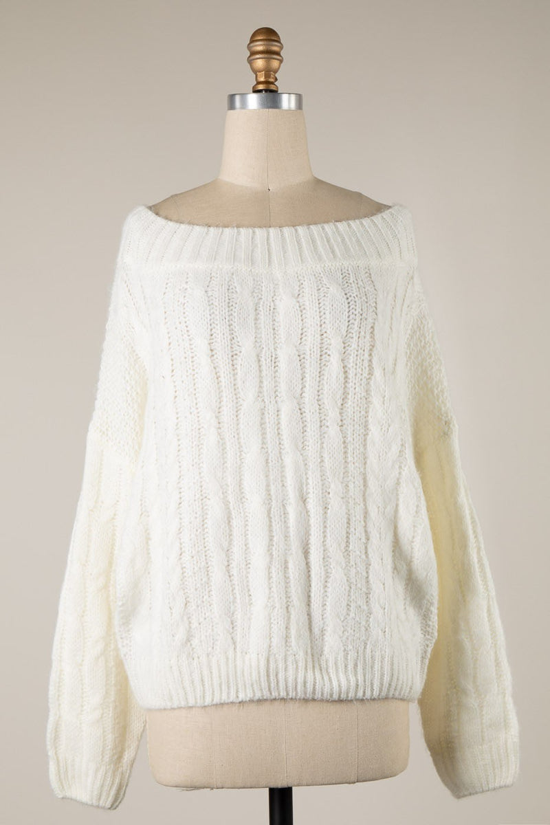 BOAT NECK CABLE KNIT SWEATER  - IVORY