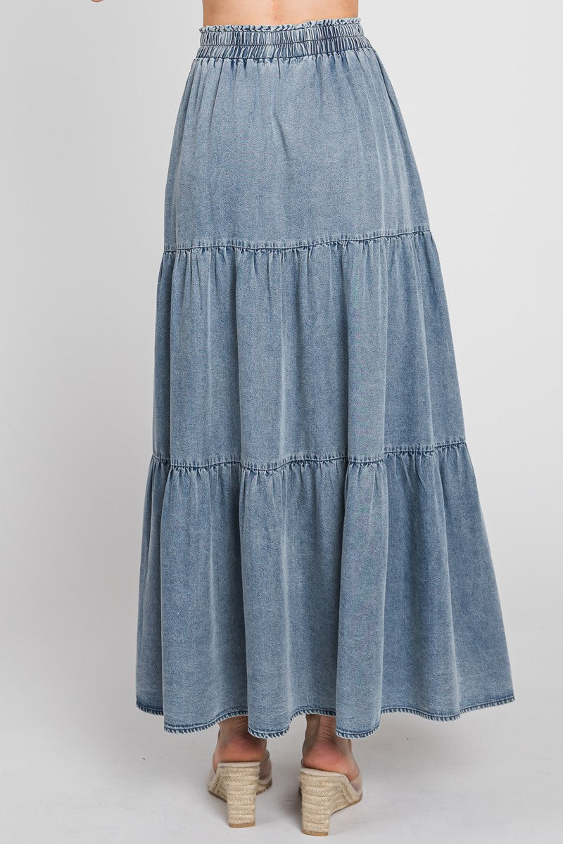 CHAMBRAY TIERED MAXI SKIRT - DENIM BLUE