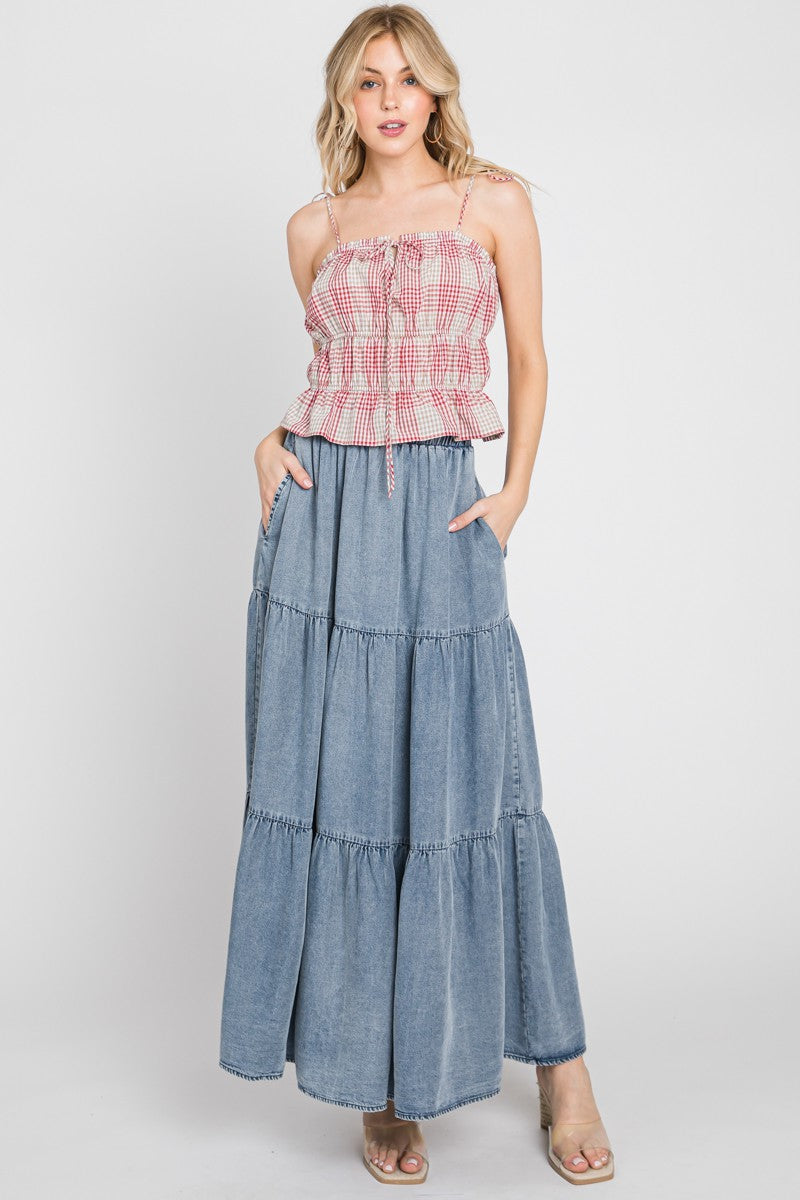 CHAMBRAY TIERED MAXI SKIRT - DENIM BLUE