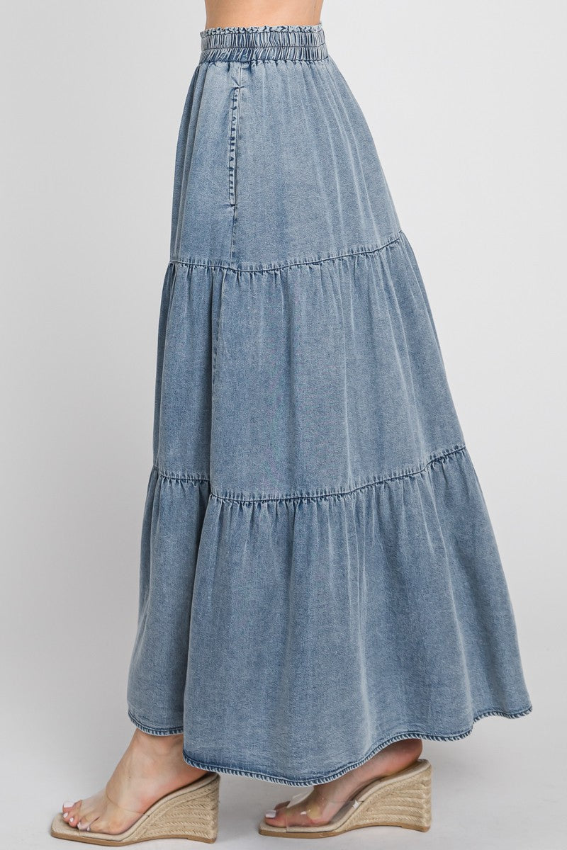 CHAMBRAY TIERED MAXI SKIRT - DENIM BLUE