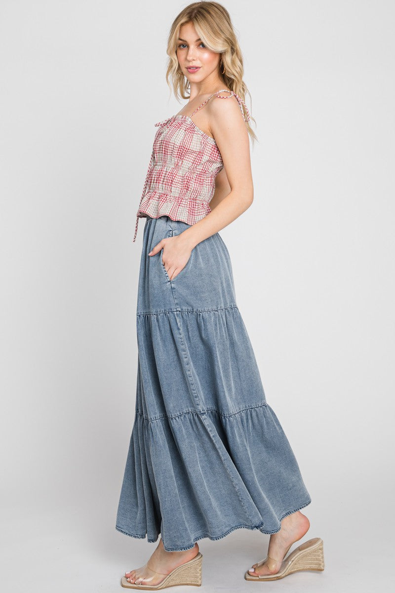 CHAMBRAY TIERED MAXI SKIRT - DENIM BLUE