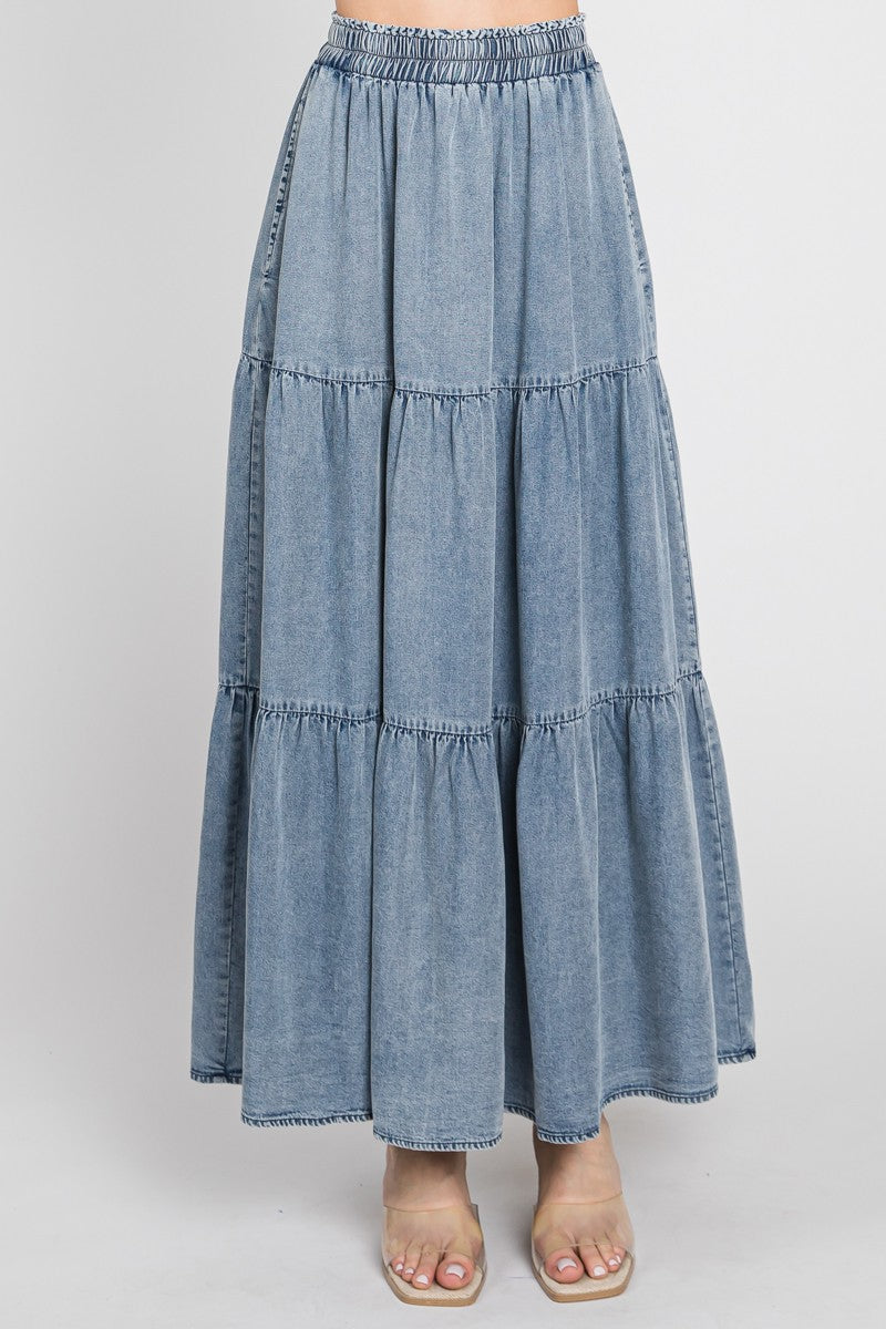 CHAMBRAY TIERED MAXI SKIRT - DENIM BLUE