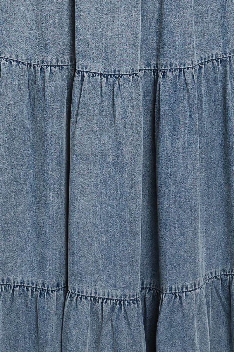 CHAMBRAY TIERED MAXI SKIRT - DENIM BLUE