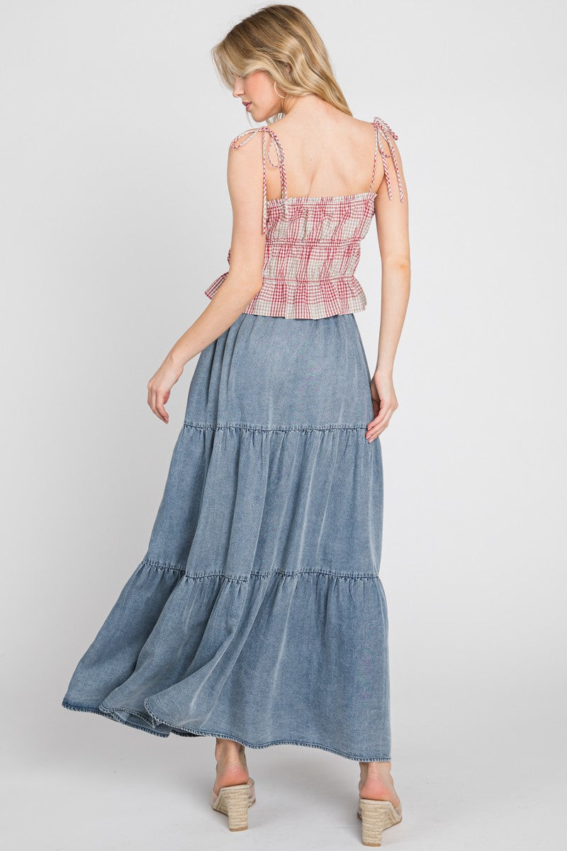 CHAMBRAY TIERED MAXI SKIRT - DENIM BLUE