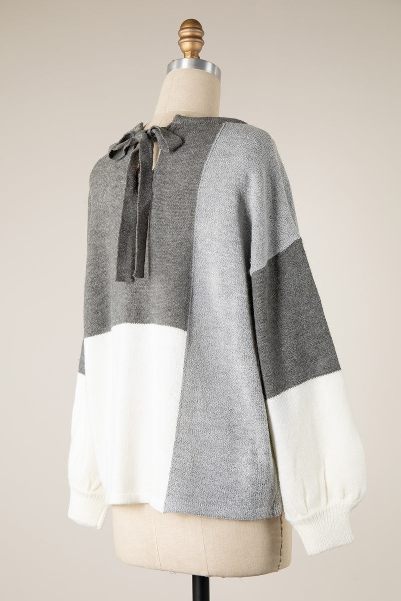 PUFF SLEEVE COLOR BLOCK SWEATER - CHARCOAL