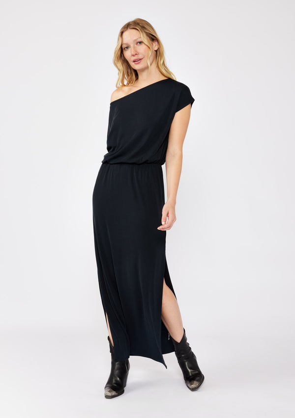 BOAT NECK SIDE SLIT MAXI DRESS - BLACK