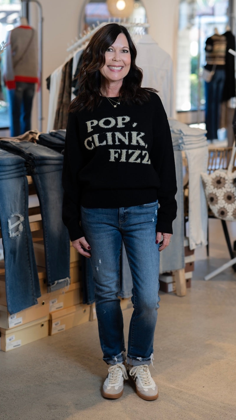 POP, CLINK, FIZZ TINSEL SWEATER - BLACK