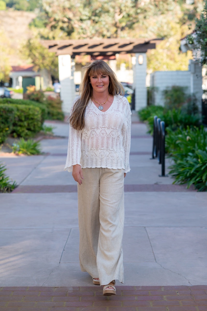OPEN KNIT V-NECK SWEATER - IVORY