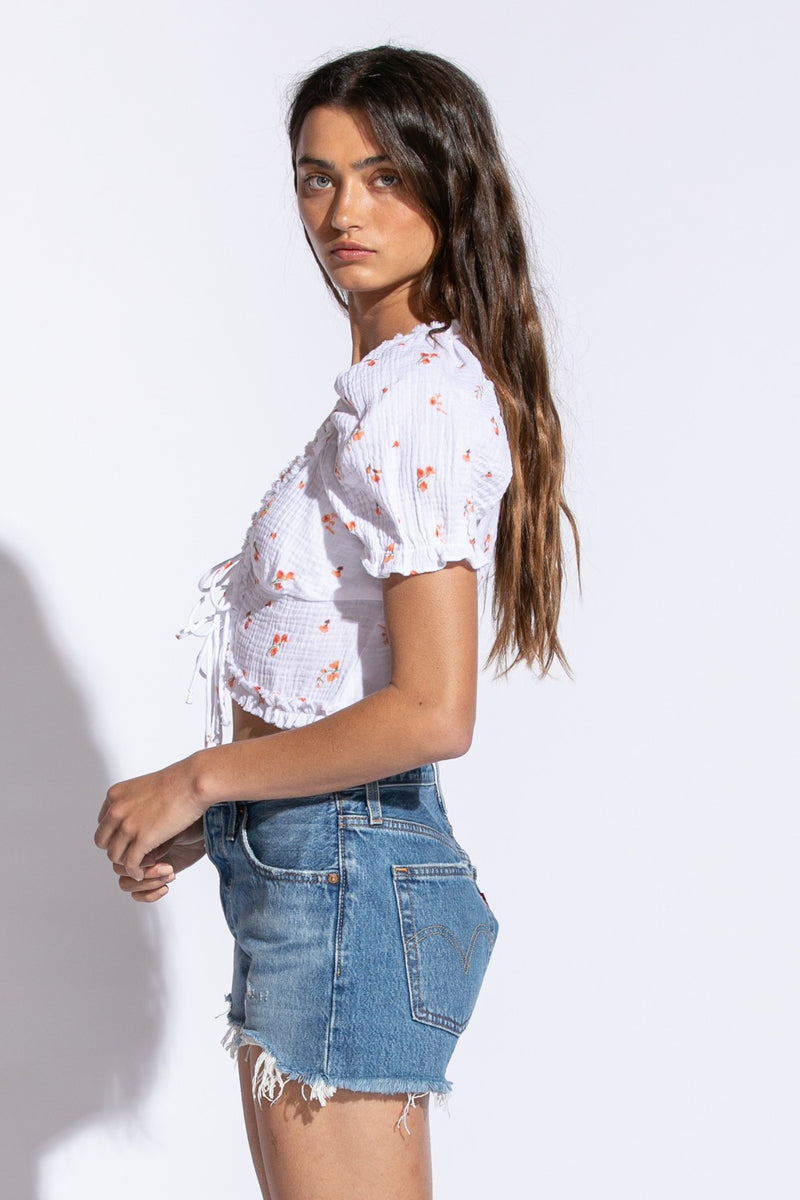 RUFFLE TRIM FLORAL CROP TOP - WHITE/ORANGE