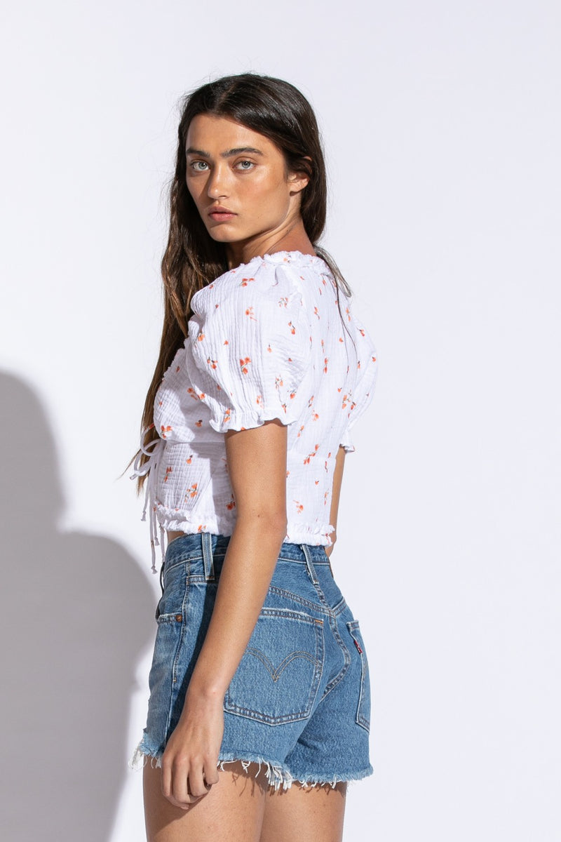 RUFFLE TRIM FLORAL CROP TOP - WHITE/ORANGE