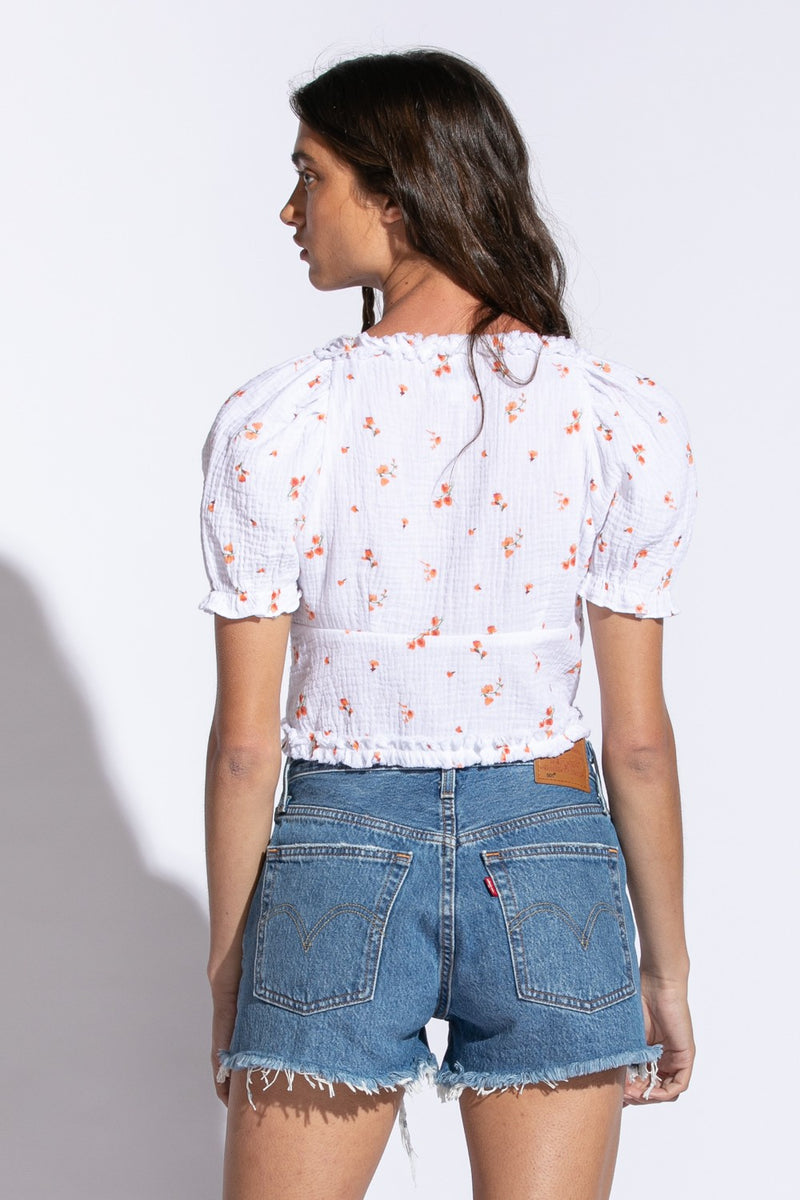 RUFFLE TRIM FLORAL CROP TOP - WHITE/ORANGE