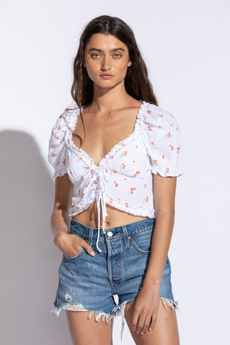 RUFFLE TRIM FLORAL CROP TOP - WHITE/ORANGE