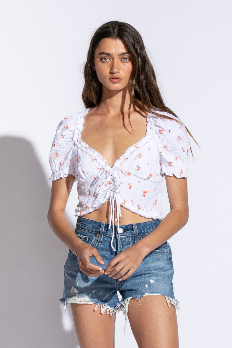 RUFFLE TRIM FLORAL CROP TOP - WHITE/ORANGE