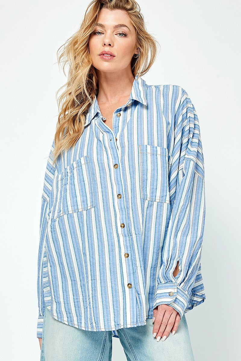 CONTRAST STITCH BUTTON DOWN SHIRT - BLUE