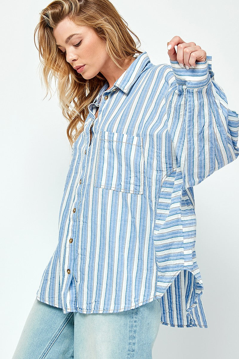 CONTRAST STITCH BUTTON DOWN SHIRT - BLUE