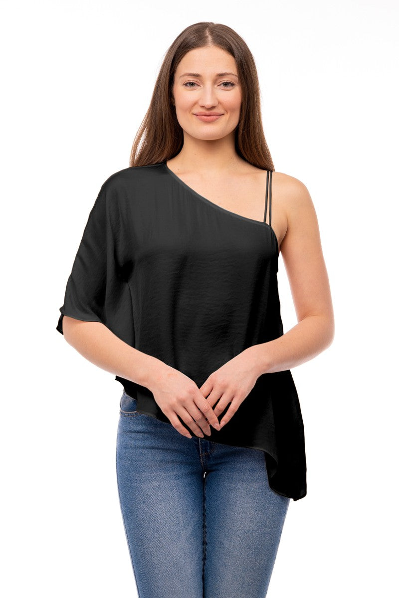 FLOWY ONE SHOULDER TOP - BLACK